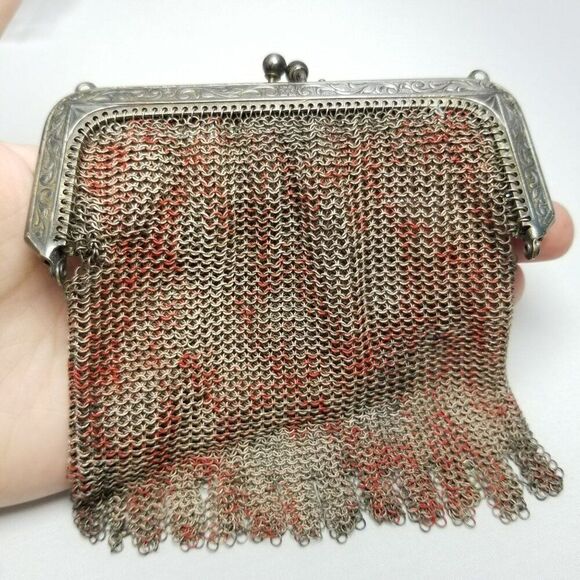 Antique Whiting and Davis Silver Tone Chain Link Mesh Metal Bag with Some Color - Picture 1 of 9